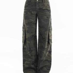Vintage Washed Camouflage Print Mid-Low Waist Cargo Pants for Men - 90s Style Utility Trousers