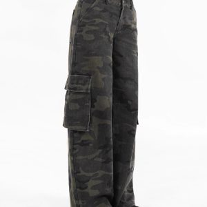 Vintage Washed Camouflage Print Mid-Low Waist Cargo Pants for Men - 90s Style Utility Trousers