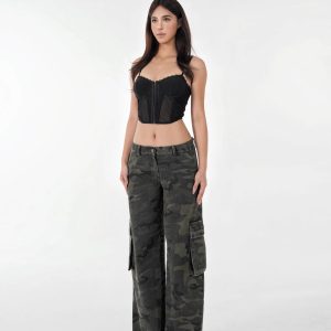 Vintage Washed Camouflage Print Mid-Low Waist Cargo Pants for Men - 90s Style Utility Trousers