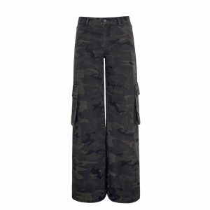 Vintage Washed Camouflage Print Mid-Low Waist Cargo Pants for Men - 90s Style Utility Trousers