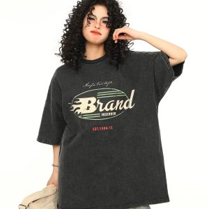 Vintage Washed Dark Brown Unisex Short Sleeve T-Shirt - Retro American Style Loose Fit Couple Tee for Summer Fashion