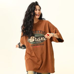 Vintage Washed Dark Brown Unisex Short Sleeve T-Shirt - Retro American Style Loose Fit Couple Tee for Summer Fashion