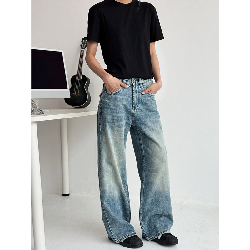 Vintage Washed Denim Pants for Men and Women - Cat Whisker Gradient, Straight Loose Fit, Casual Style, Y2K Inspired Fashion