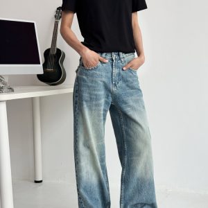 Vintage Washed Denim Pants for Men and Women - Cat Whisker Gradient, Straight Loose Fit, Casual Style, Y2K Inspired Fashion