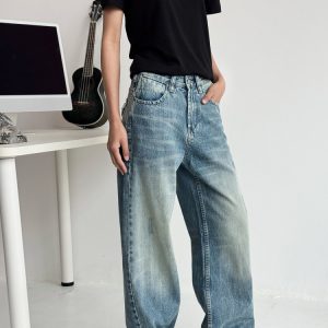 Vintage Washed Denim Pants for Men and Women - Cat Whisker Gradient, Straight Loose Fit, Casual Style, Y2K Inspired Fashion