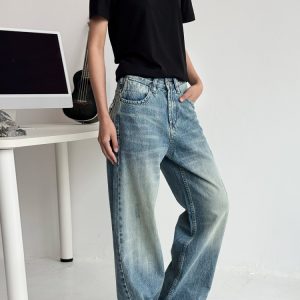 Vintage Washed Denim Pants for Men and Women - Cat Whisker Gradient, Straight Loose Fit, Casual Style, Y2K Inspired Fashion