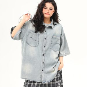 Vintage Washed Denim Short Sleeve Shirt for Women - Trendy Versatile Summer Outerwear in 90s American Style