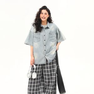 Vintage Washed Denim Short Sleeve Shirt for Women - Trendy Versatile Summer Outerwear in 90s American Style