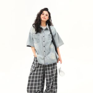 Vintage Washed Denim Short Sleeve Shirt for Women - Trendy Versatile Summer Outerwear in 90s American Style