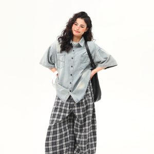 Vintage Washed Denim Short Sleeve Shirt for Women - Trendy Versatile Summer Outerwear in 90s American Style