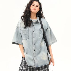 Vintage Washed Denim Short Sleeve Shirt for Women - Trendy Versatile Summer Outerwear in 90s American Style