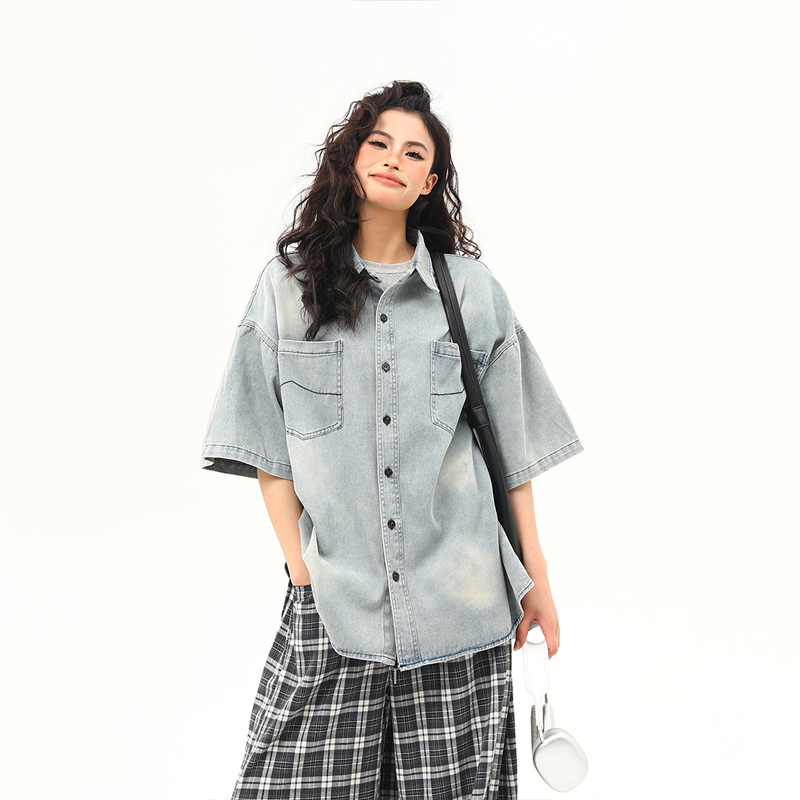 Vintage Washed Denim Short Sleeve Shirt for Women - Trendy Versatile Summer Outerwear in 90s American Style