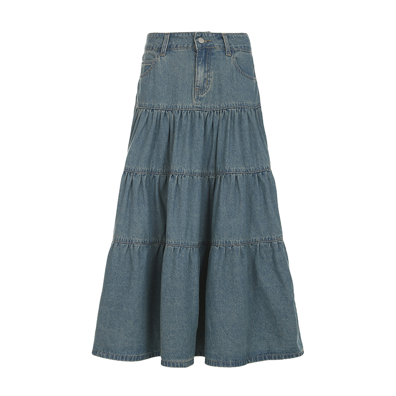 Vintage Washed Distressed Denim Long Skirt for Women, Simple A-Line Midi Skirt in Chill Blue, 90s Inspired Fashion