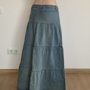 Vintage Washed Distressed Denim Long Skirt for Women, Simple A-Line Midi Skirt in Chill Blue, 90s Inspired Fashion