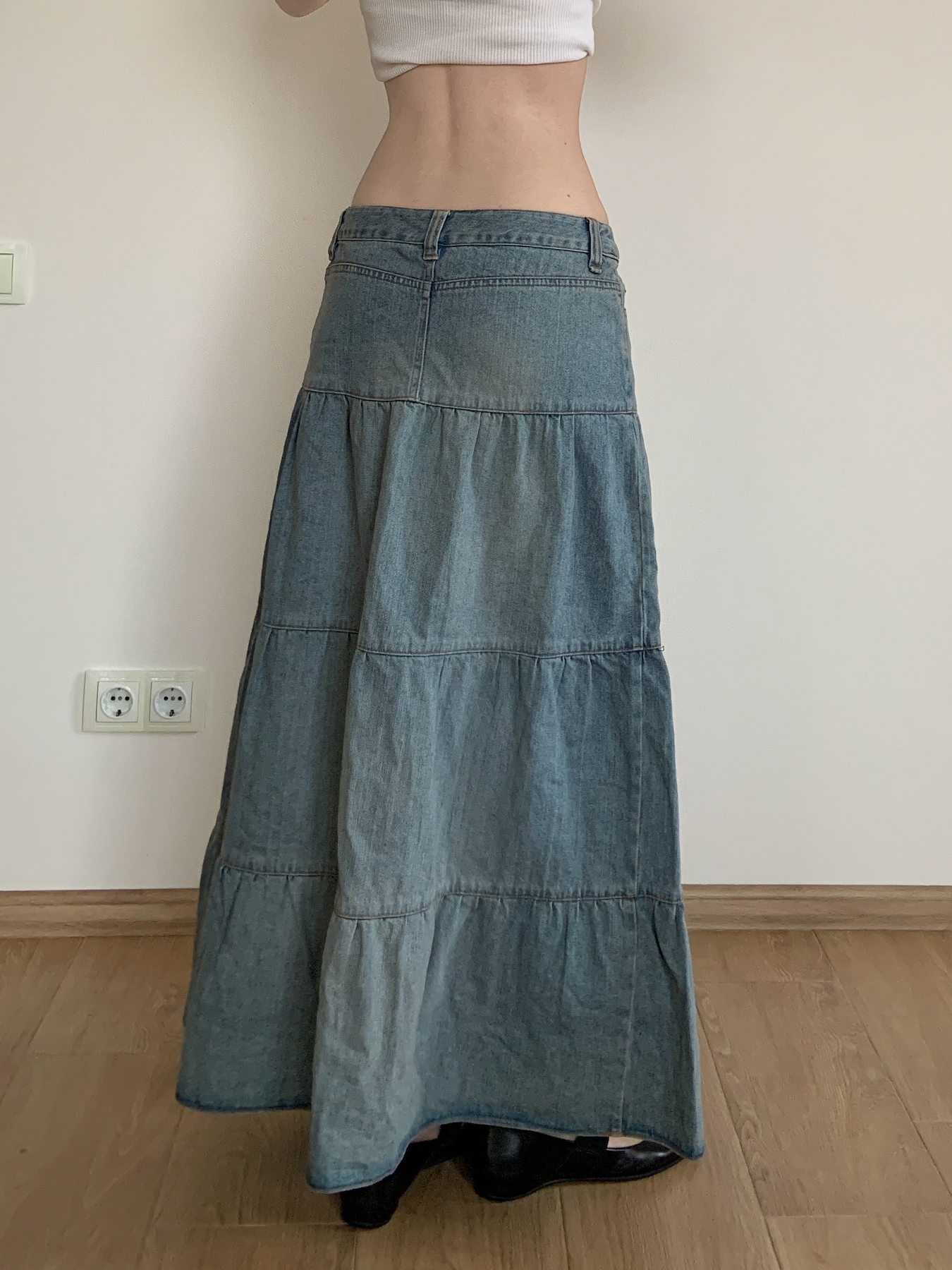 Vintage Washed Distressed Denim Long Skirt for Women, Simple A-Line Midi Skirt in Chill Blue, 90s Inspired Fashion Vintage Washed Distressed Denim Long Skirt for Women, Simple A-Line Midi Skirt in Chill Blue, 90s Inspired Fashion