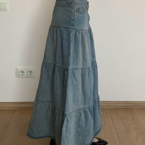 Vintage Washed Distressed Denim Long Skirt for Women, Simple A-Line Midi Skirt in Chill Blue, 90s Inspired Fashion
