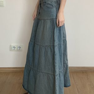 Vintage Washed Distressed Denim Long Skirt for Women, Simple A-Line Midi Skirt in Chill Blue, 90s Inspired Fashion