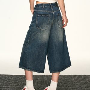 Vintage Washed Distressed Denim Shorts for Women - Loose-Fitting Three-Quarter Straight-Leg Wide-Leg Summer Style