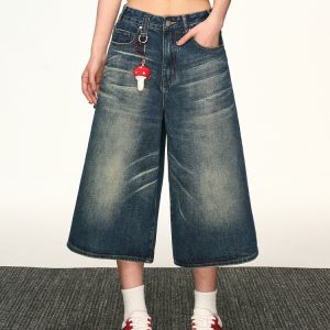 Vintage Washed Distressed Denim Shorts for Women - Loose-Fitting Three-Quarter Straight-Leg Wide-Leg Summer Style