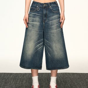Vintage Washed Distressed Denim Shorts for Women - Loose-Fitting Three-Quarter Straight-Leg Wide-Leg Summer Style