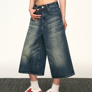 Vintage Washed Distressed Denim Shorts for Women - Loose-Fitting Three-Quarter Straight-Leg Wide-Leg Summer Style