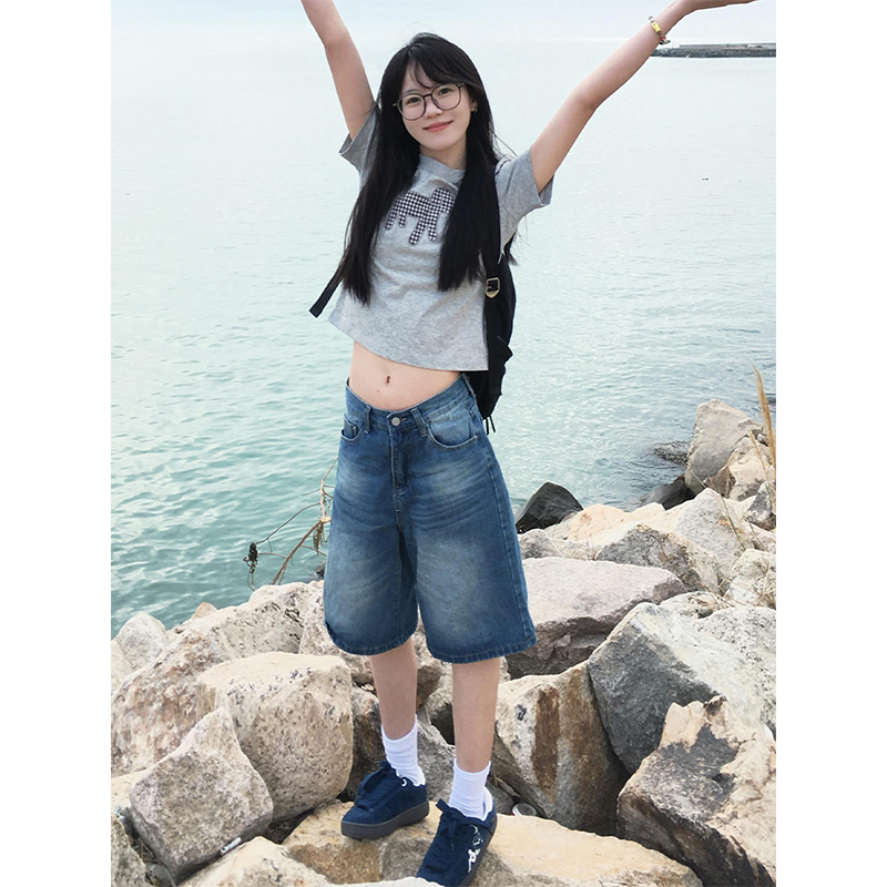 Vintage Washed Distressed Denim Shorts for Women - Summer Straight-Leg Loose Fit Wide-Leg Five-Point Style