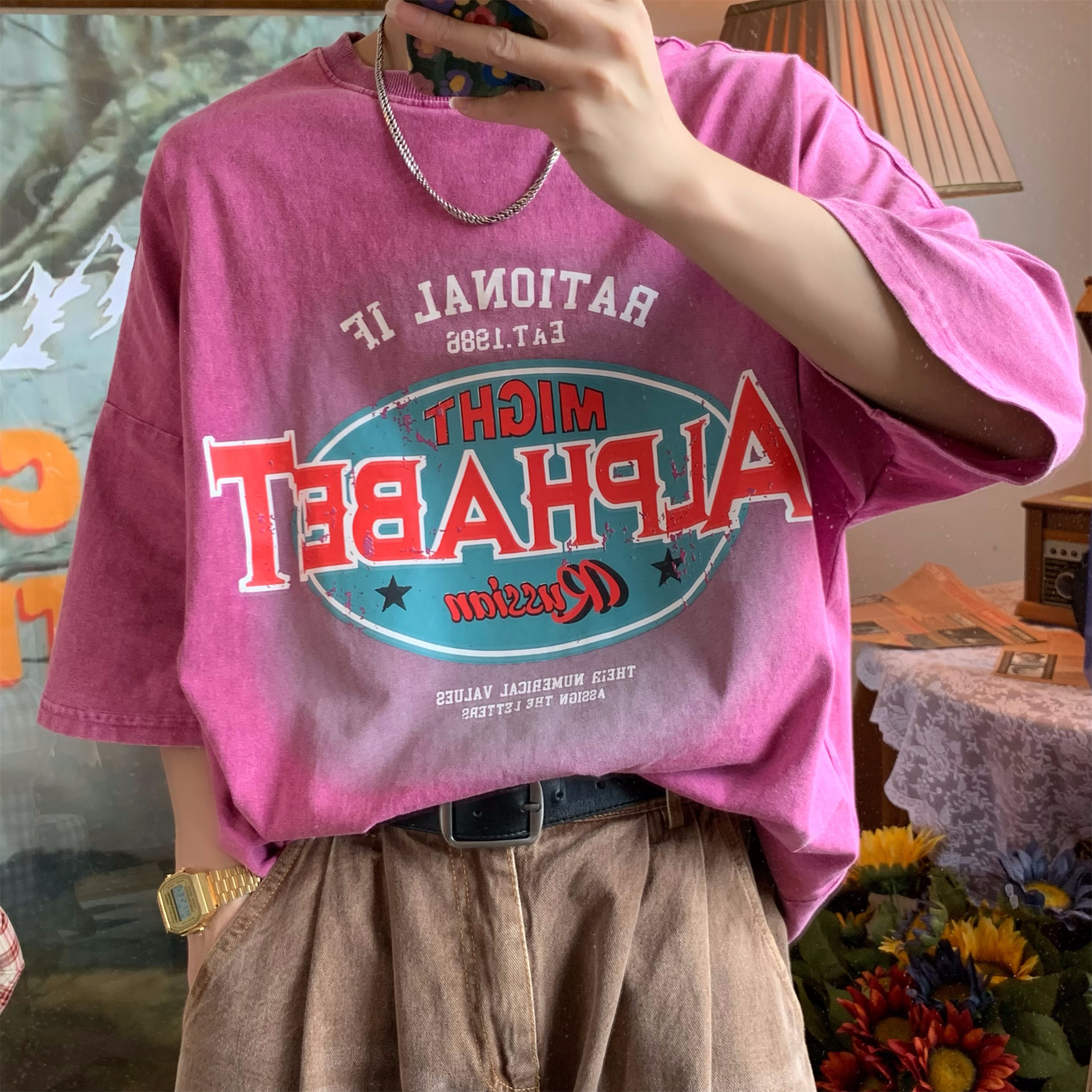 Vintage Washed Distressed T-Shirt for Couples - Heavy-Duty Loose Fit Summer Top - Trendy 90s Style Short Sleeve Tee