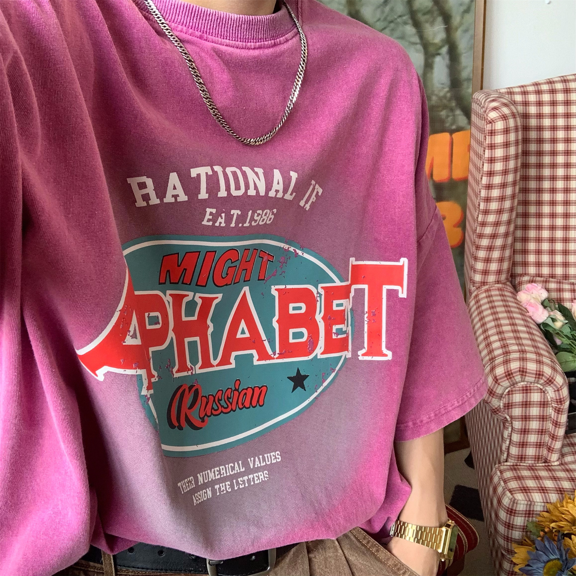 Vintage Washed Distressed T-Shirt for Couples - Summer Heavy-Duty Loose Fit Short Sleeve Top in Trendy American Style