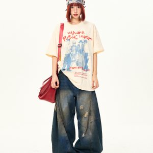 Vintage Washed Ripped Wide-Leg Jeans for Women - High-End Loose Floor-Length Denim Trousers, 90s Inspired Style