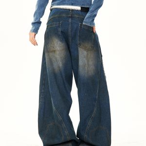 Vintage Washed Ripped Wide-Leg Jeans for Women - High-End Loose Floor-Length Denim Trousers, 90s Inspired Style