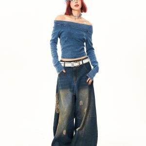 Vintage Washed Ripped Wide-Leg Jeans for Women - High-End Loose Floor-Length Denim Trousers, 90s Inspired Style