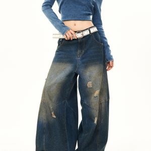 Vintage Washed Ripped Wide-Leg Jeans for Women - High-End Loose Floor-Length Denim Trousers, 90s Inspired Style