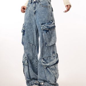 Vintage Washed Wide Pocket Casual Straight-Leg Flared Work Pants for Women - 90s Inspired American Style