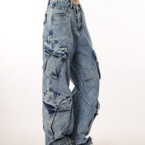 Vintage Washed Wide Pocket Casual Straight-Leg Flared Work Pants for Women - 90s Inspired American Style