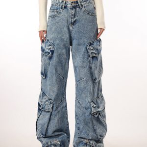 Vintage Washed Wide Pocket Casual Straight-Leg Flared Work Pants for Women - 90s Inspired American Style