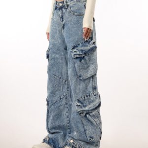Vintage Washed Wide Pocket Casual Straight-Leg Flared Work Pants for Women - 90s Inspired American Style