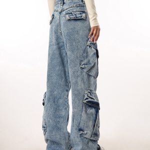 Vintage Washed Wide Pocket Casual Straight-Leg Flared Work Pants for Women - 90s Inspired American Style