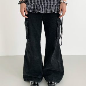 Vintage Water-Washed Flared Low-Waist Cargo Wide-Leg Pants for a 90s Inspired Look