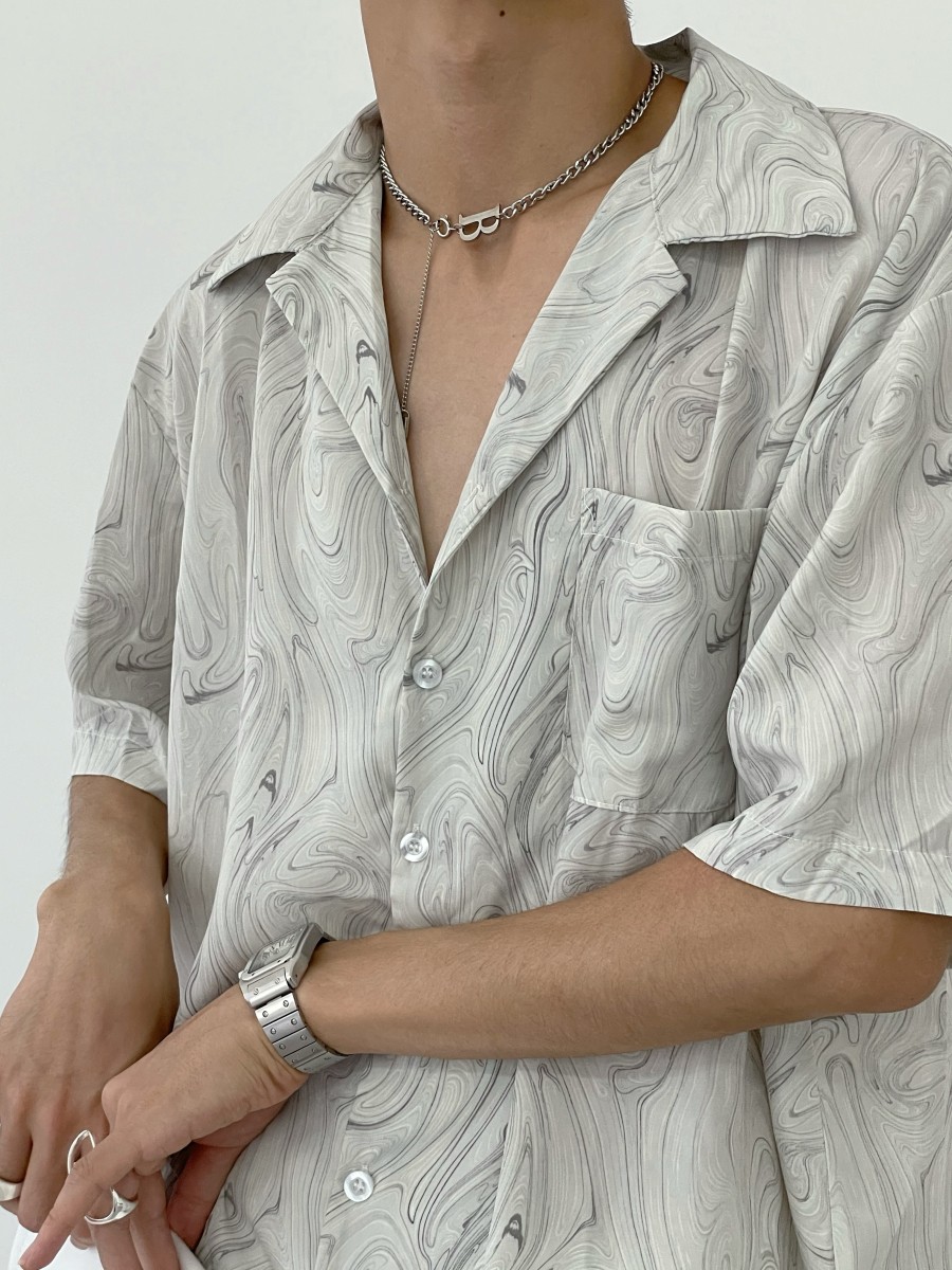 Vintage Wave Pattern Ice Silk Short Sleeve Shirt for Men, Loose Casual Cuban Collar Beach Shirt - Summer Style Vintage Wave Pattern Ice Silk Short Sleeve Shirt for Men, Loose Casual Cuban Collar Beach Shirt - Summer Style