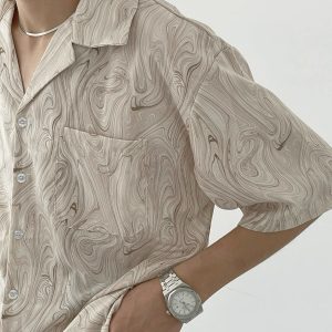 Vintage Wave Pattern Ice Silk Short Sleeve Shirt for Men, Loose Casual Cuban Collar Beach Shirt - Summer Style