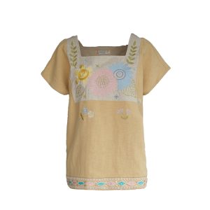Vintage Wheat Field Dream Embroidered Linen Cotton Short Sleeve Square Neck Top Women's Summer T-Shirt Blouse Y2K Style