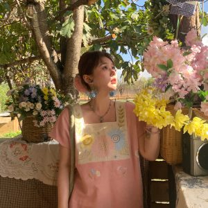 Vintage Wheat Field Dream Embroidered Linen Cotton Short Sleeve Square Neck Top Women's Summer T-Shirt Blouse Y2K Style