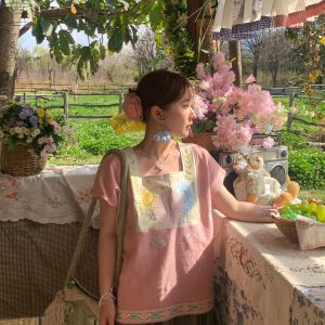 Vintage Wheat Field Dream Embroidered Linen Cotton Short Sleeve Square Neck Top Women's Summer T-Shirt Blouse Y2K Style