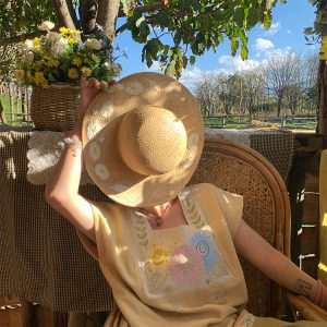 Vintage Wheat Field Dream Embroidered Linen Cotton Short Sleeve Square Neck Top Women's Summer T-Shirt Blouse Y2K Style