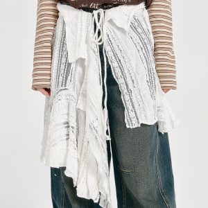Vintage White Lace Irregular Hem Skirt for Women, Adjustable Straps, Versatile Layering Piece, Perfect for 90s and Y2K Style