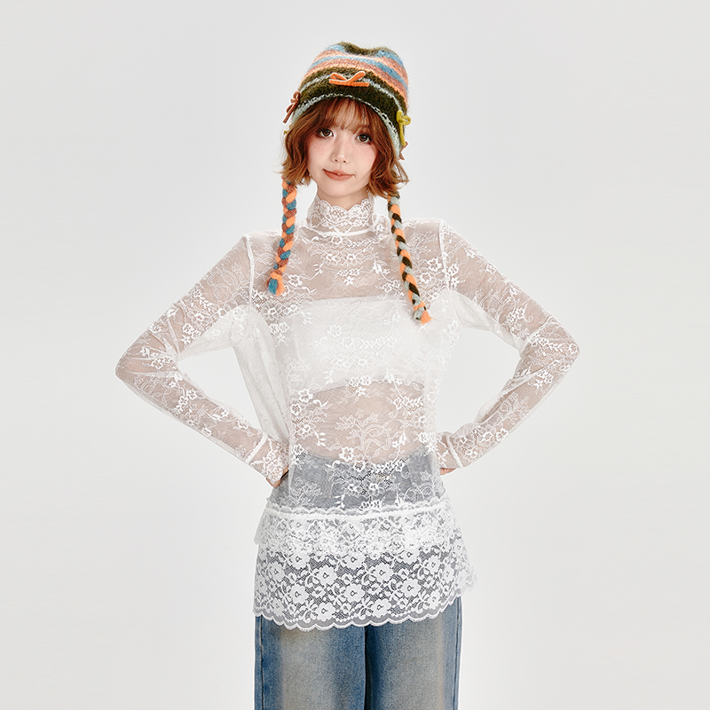 Vintage White Lace Stand Collar Shirt for Women - Loose Slightly Sheer Hollow Floral Top in American Style, Perfect for Y2K Fashion