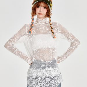 Vintage White Lace Stand Collar Shirt for Women - Loose Slightly Sheer Hollow Floral Top in American Style, Perfect for Y2K Fashion