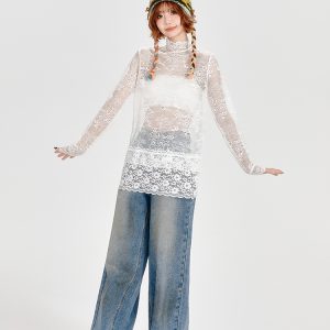 Vintage White Lace Stand Collar Shirt for Women - Loose Slightly Sheer Hollow Floral Top in American Style, Perfect for Y2K Fashion