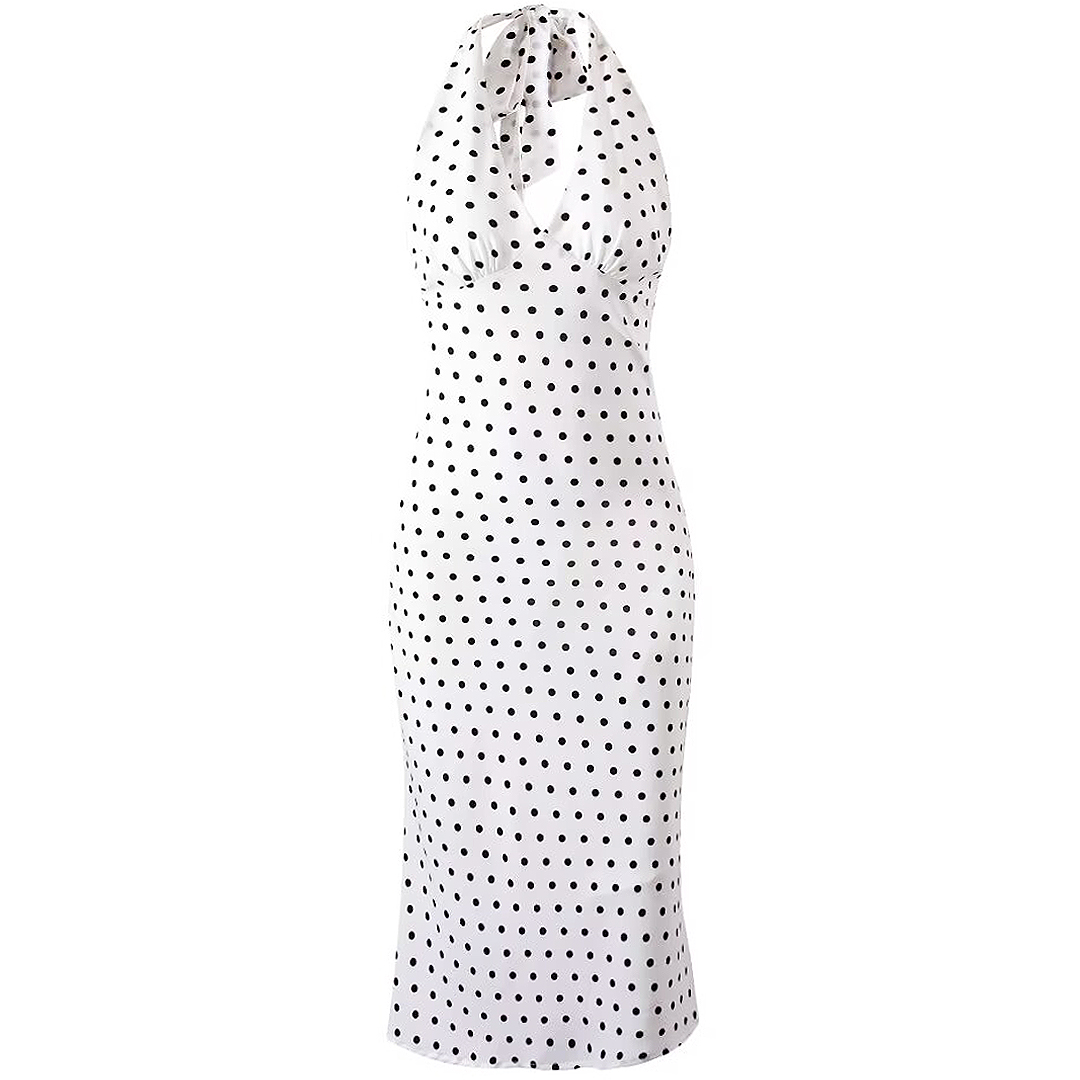 Vintage White Polka Dot Halter Neck Dress for Women - 2025 Summer Backless Style, Chic French Retro Design