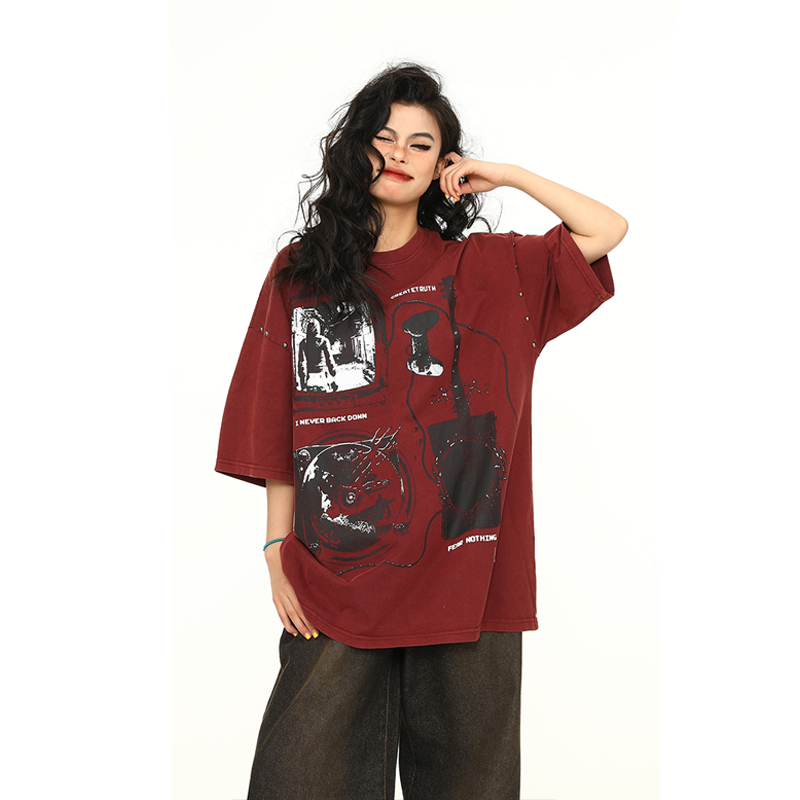 Vintage Wine Red Oversized Short-Sleeve T-Shirt for Men and Women, American Street Style Couple Top, Trendy 90s A-Zi Fashion